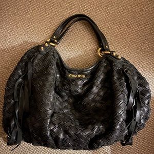 Miu Miu Black Woven Leather Fringe Hobo Handbag